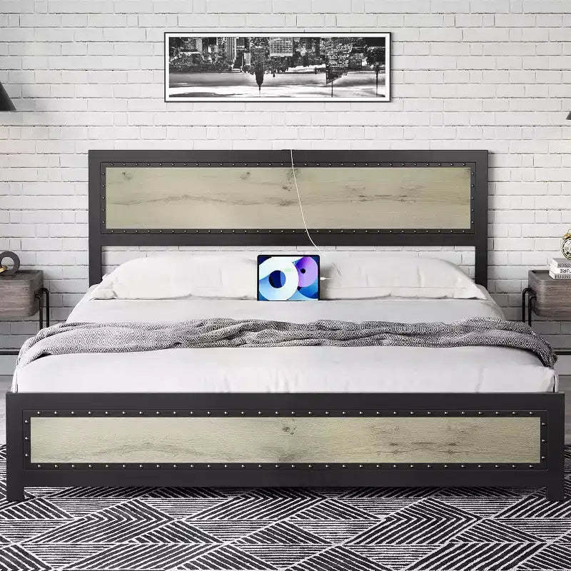Bed Frame with Charging Station, Industrial Design Platform Bed Frame with Headboard and Metal Slated Frame, No Spring Box Need, Easy Assembly