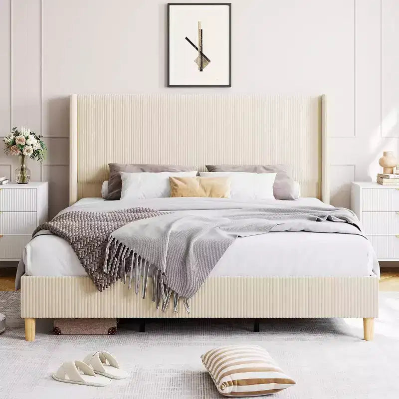 Bed Frame, Upholstered Platform Corduroy Bed Frame with Vertical Channel Tufted Wingback Headboard, Strong Wooden Slats, No Box Spring Needed