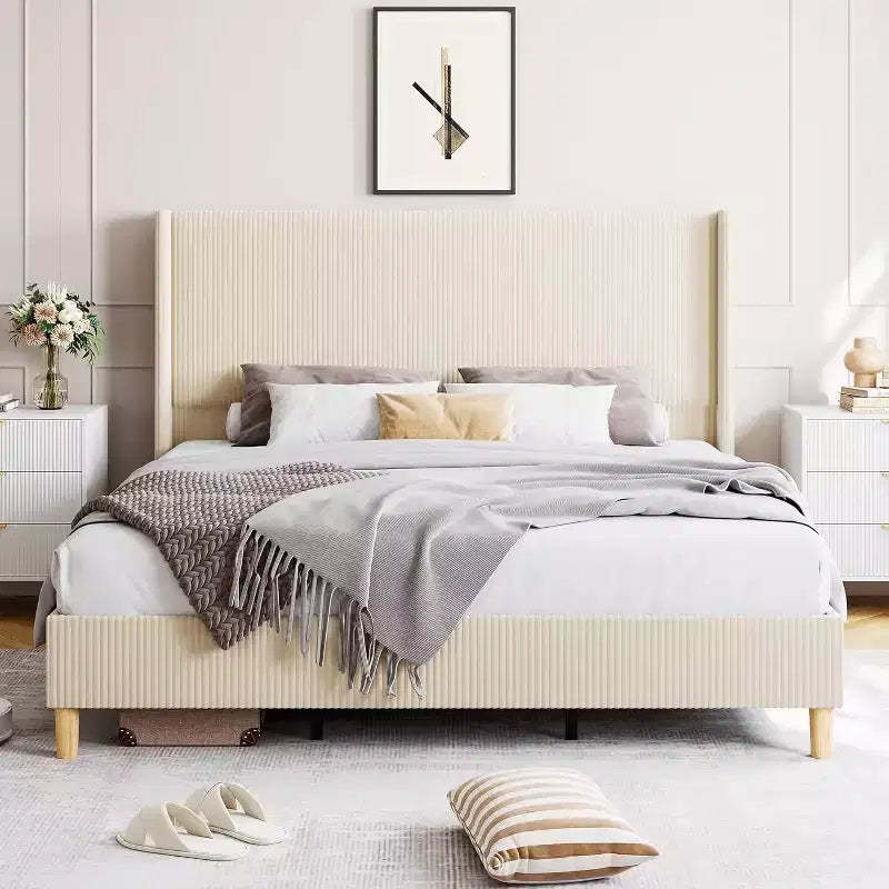 Bed Frame, Upholstered Platform Corduroy Bed Frame with Vertical Channel Tufted Wingback Headboard, Strong Wooden Slats, No Box Spring Needed