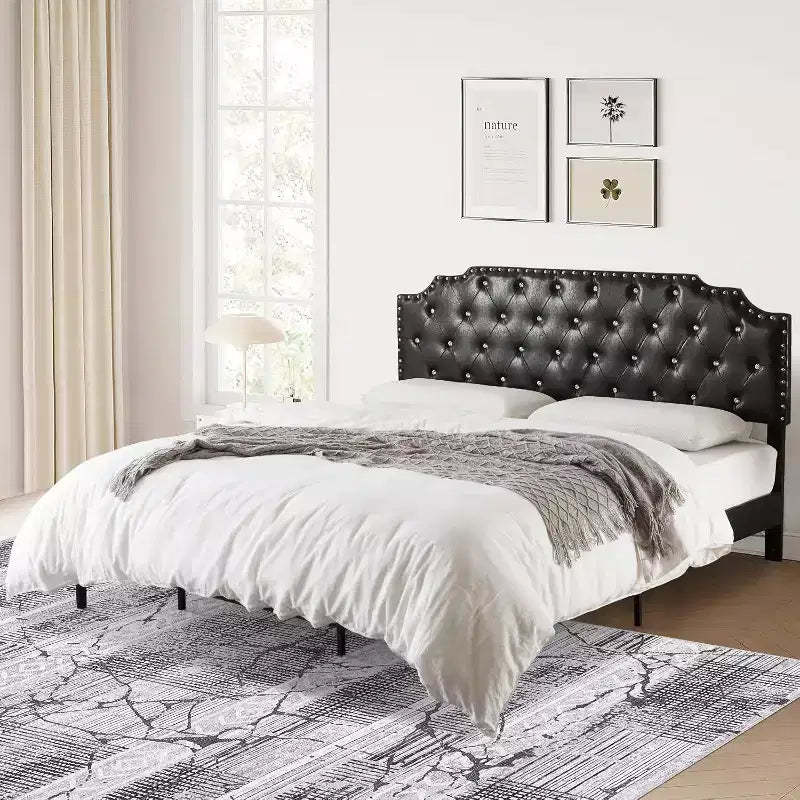 Acekool King Platform Bed Frame, Black Upholstered, Button Tufted Headboard, 6in Underbed Storage, Wooden Slats, No Box Spring, Easy Assembly