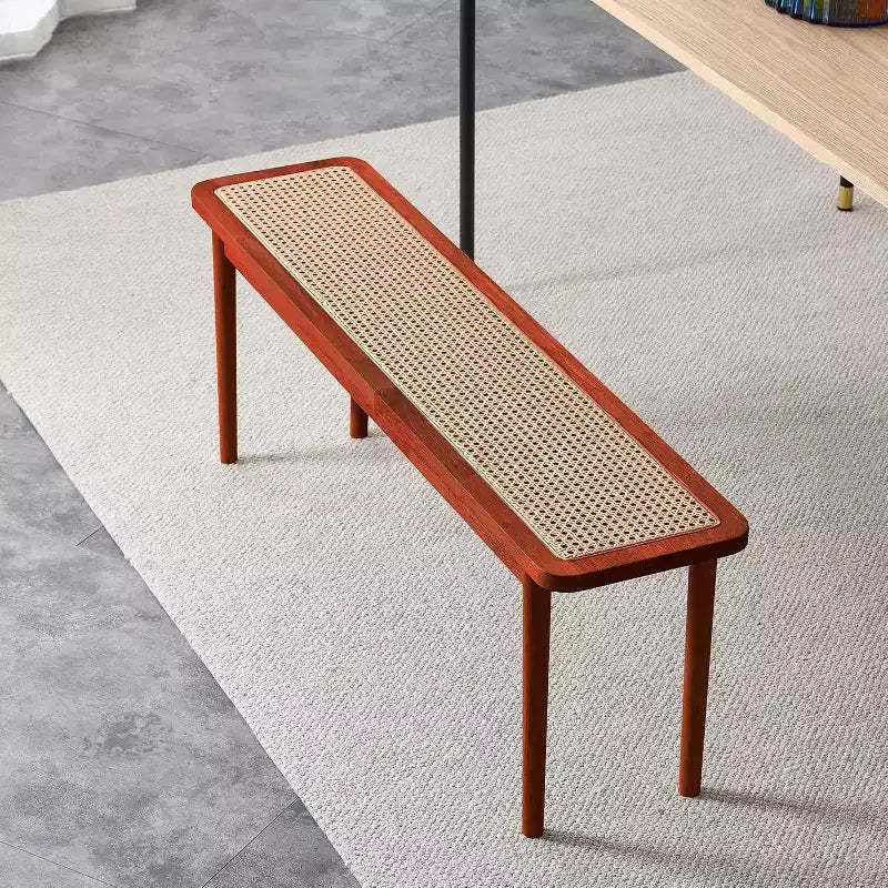 Acekool 47 Pure Wood Entryway Bench with Rattan Surface, Rounded Corners, Sturdy Frame for Living Room, Bedroom, Hallway, Walnut Finish