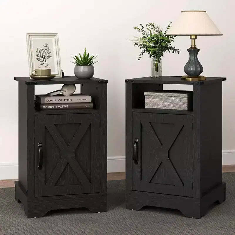 RoyalCraft Farmhouse Nightstand with Charging Station, Rustic End Table Set with Shelf and Storage for Bedroom or Home Office, Set of 2, Black