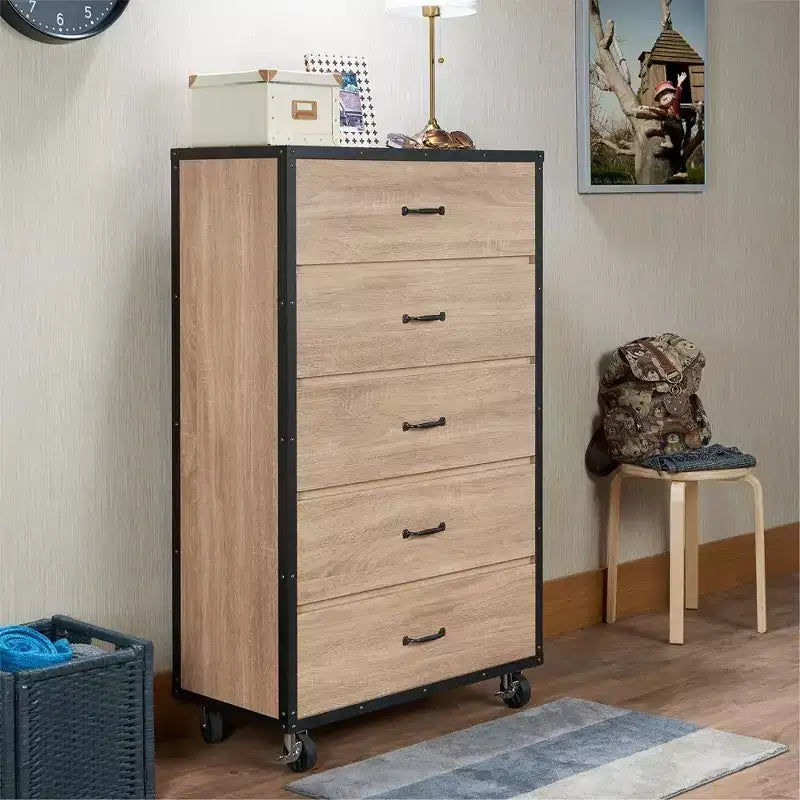 Okak Modern 5-Drawer Rolling Dresser, Storage Chest with Metal Glide Drawers for Bedroom/Office/Living Room/Hallway