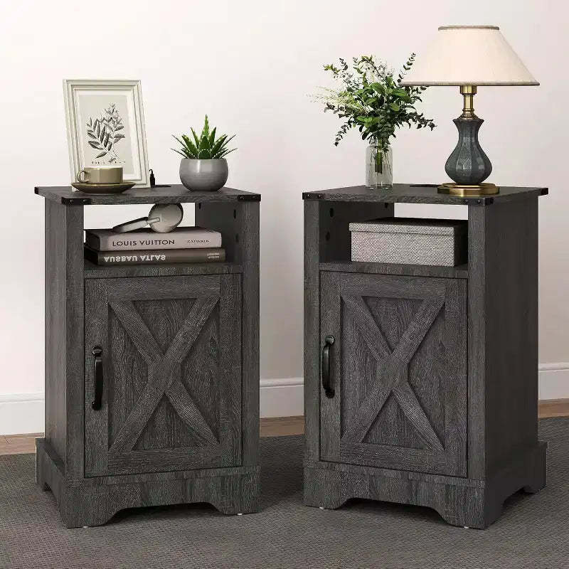 RoyalCraft Farmhouse Nightstand with Charging Station, Rustic End Table Set with Shelf and Storage for Bedroom or Home Office, Set of 2, Dark Grey