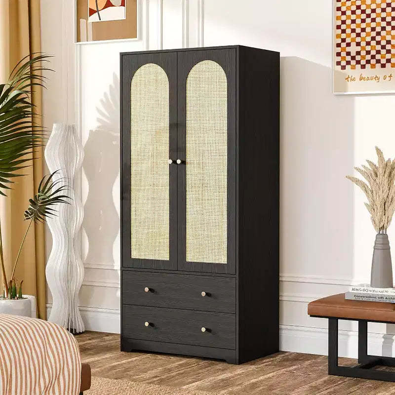 VINGLI Armoires Closet with Doors, Rattan Armoire Wardrobe Closet with Drawers & Hanging Rod, Armoire with Shelves, Wooden Wardrobe