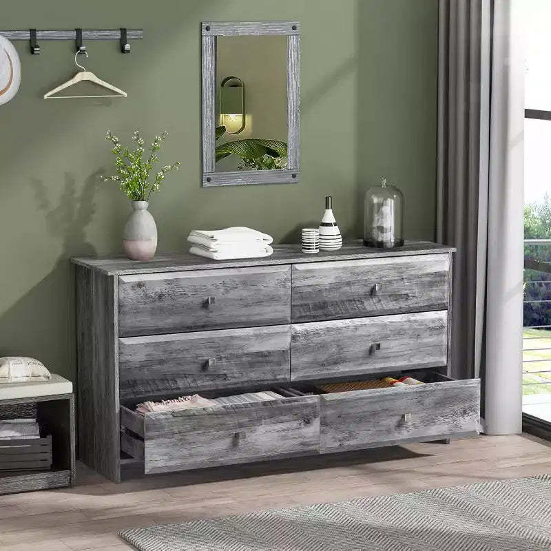 VINGLI Washed Gray Dresser, 6 Drawer Dresser, 53.9 Long Dresser with Textured Drawer Front, Wood Grey Dresser Chest