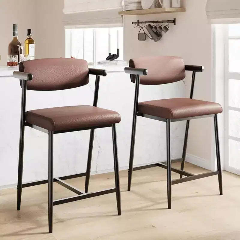 2-Pack Bar Stools 26.5 Counter Height - Upholstered with Armrests, Thick Cushion & Backrest, Retro Brown - Kitchen/Dining