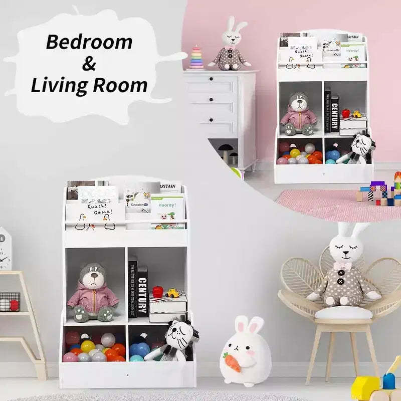 3-Tier Wooden Kids' Toy Organizer & Bookshelf - 4-Room Storage System