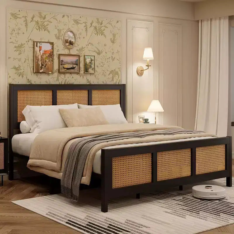 Bed Frame with Headboard, Bohemian Rattan Platform Bed Frame with Strong Metal Slats Support, No Box Spring Needed, Noise-Free Design