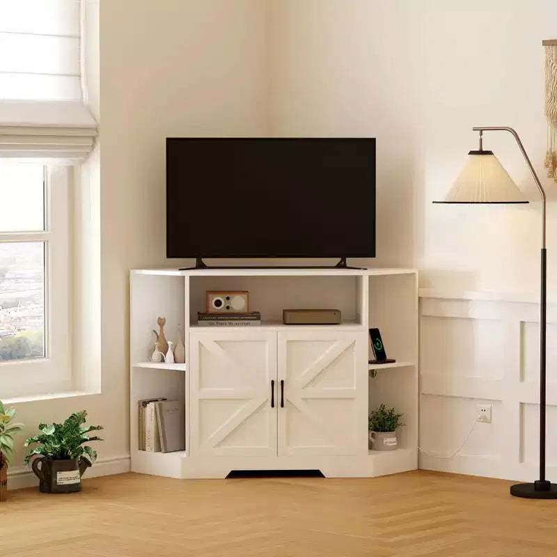GustoWave Corner TV Stand, 45.3 Mid Century Modern TV Stand with Power Outlet & Storage for Living Room, Bedroom, White