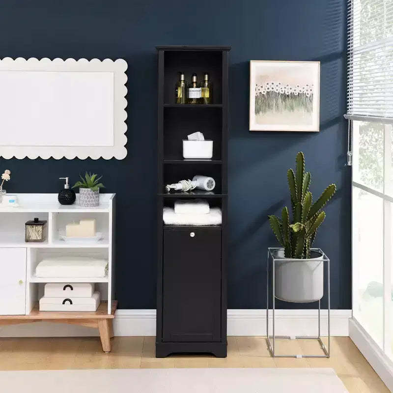 GDFStudio Helen Modern 63.8 Tall Bathroom Storage Cabinet with Adjustable Shelves, Laundry Hamper and Hidden Clothes Storage