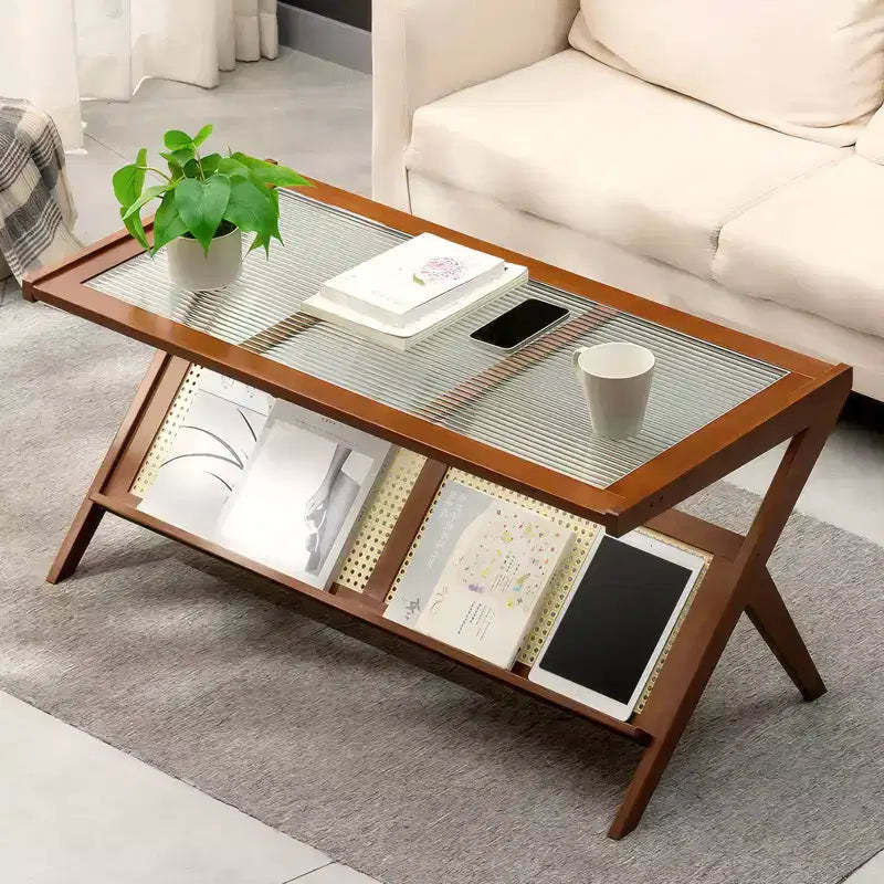 GDFStudio Gnar Mid-Century Modern 39.4 Wood Coffee Tables with Glass Top and Rattan Shelf