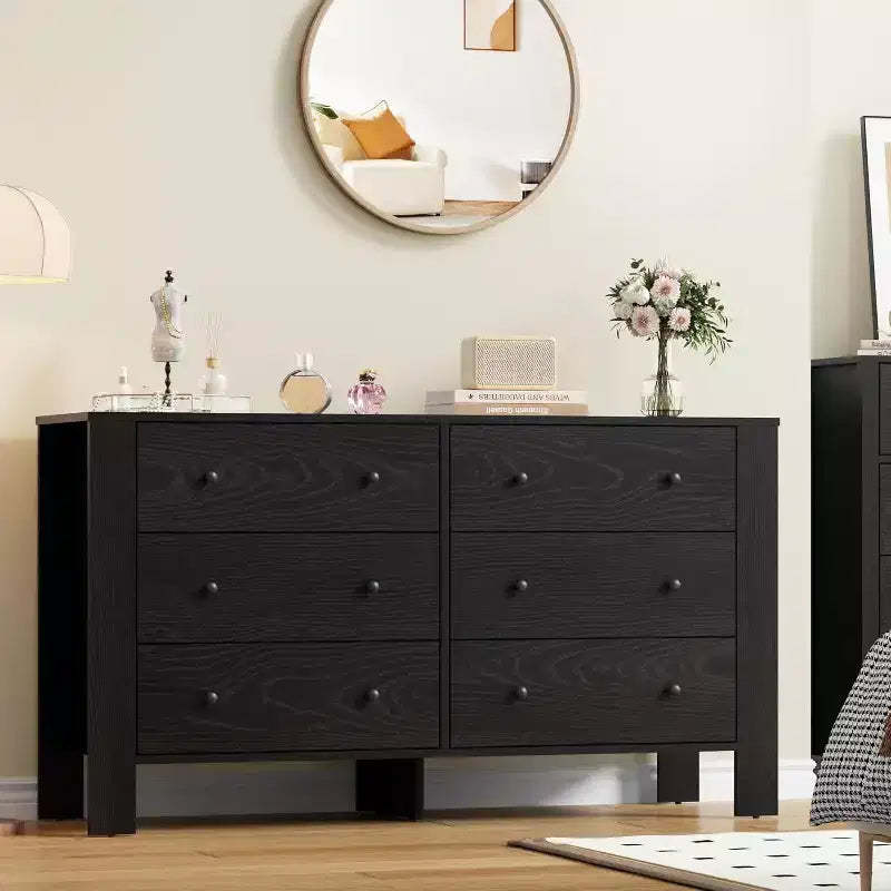 50 Black 6 Drawer Dresser with Deep Drawers & Metal Knobs, Modern Wooden Chest for Bedroom, Entryway & Hallway