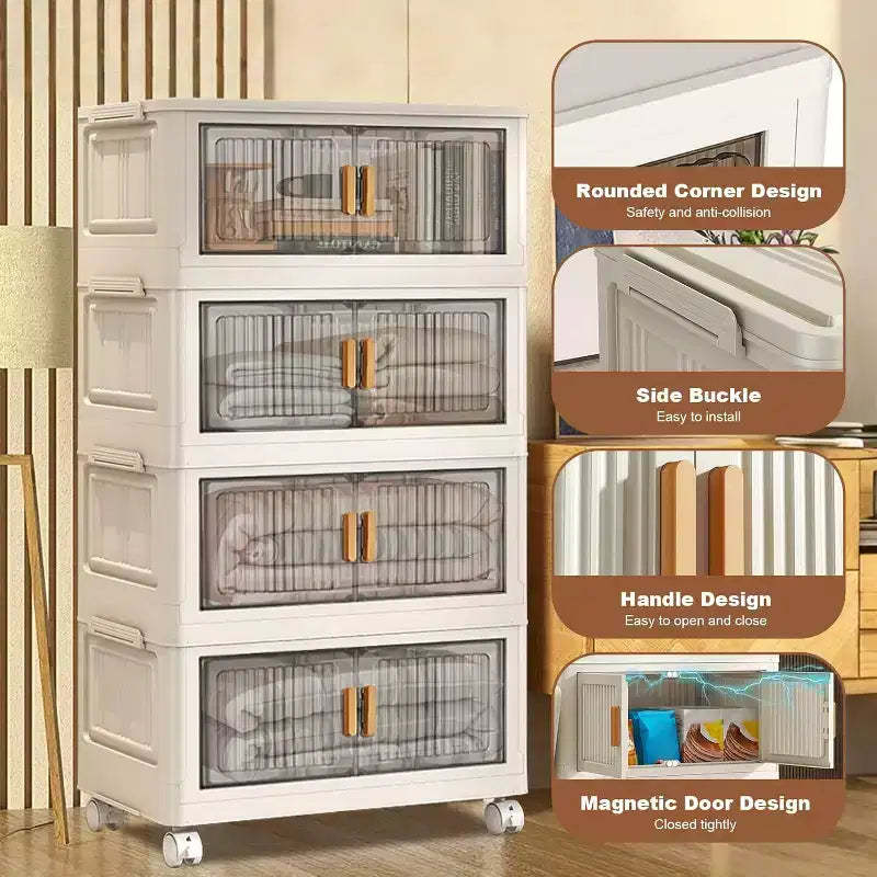 Stackable Storage Bins With Lids, 4-Tier Folding Storage Box, Collapsible Closet Organizers With Wheels for Clothing, Toys, Snacks, Sundries
