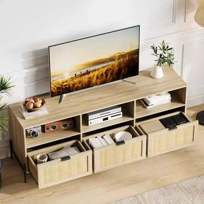 GustoWave Rattan TV Stand for up to 75 Inch TVs, Mid Century Modern Entertainment Center with Open Shelf & 3 Drawers for Living Room