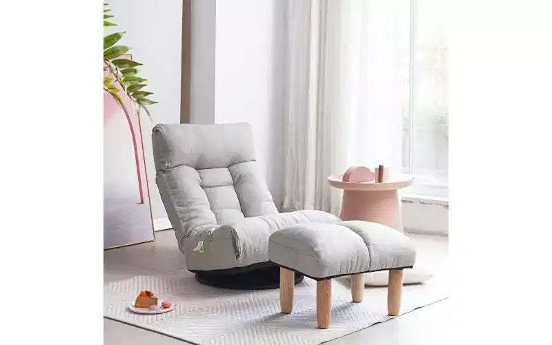 Acekool Japanese Floor Chair with Footrest, Adjustable Reclining Chair with Swivel Base, Single Tatami Sofa for Living Room Bedroom, Gray