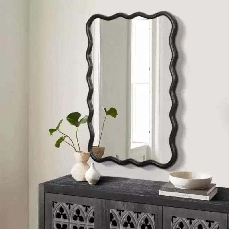 40 x 28 Solid Wood Wavy Rectangle Mirror-Black for Bathroom, Bedroom, Living Room, Dining Room, Cloakroom, Entryway