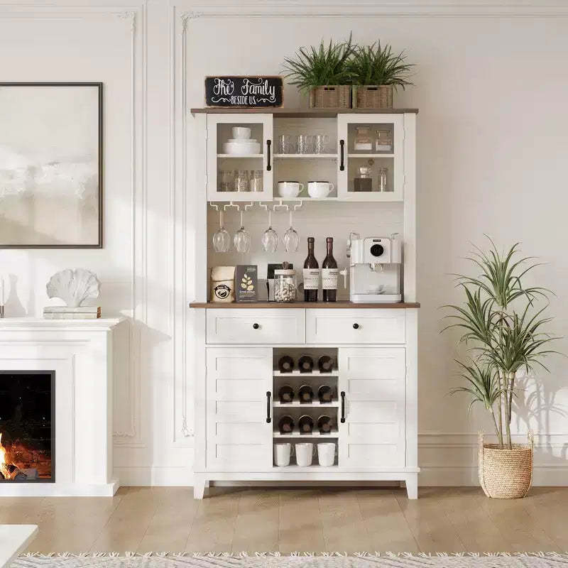 72 Farmhouse Bar Cabinet - Wine Storage w/9 Bottle Rack, 4 Glass Holder & Adjustable Shelf, White
