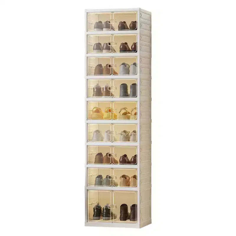9 Tier Foldable Shoe Rack Organizer, Collapsible Shoe Storage Cabinet with Lids and Magnetic Clear Door , Shoes Storage Boxes for Hallway