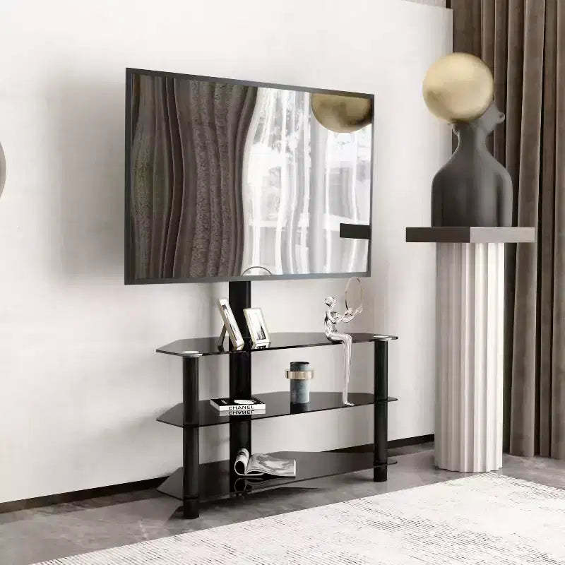 35.4-Inch Black Multi-Function TV Stand - Height Adjustable Swivel Bracket with 3 Tempered Glass Shelves