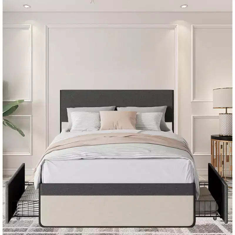 Modern Simple Platform Bed with Linen Upholstered Headboard and Footboard, Sturdy Steel Slat Bed Frame Mattress Foundation