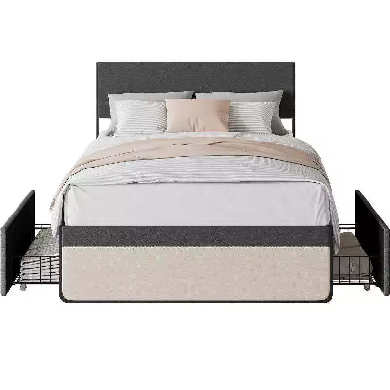 GustoWave Full/Queen Upholstered Bed Frame with Headboard and 2 Storage Drawers - Platform Bed with Metal Slats, No Box Spring Needed