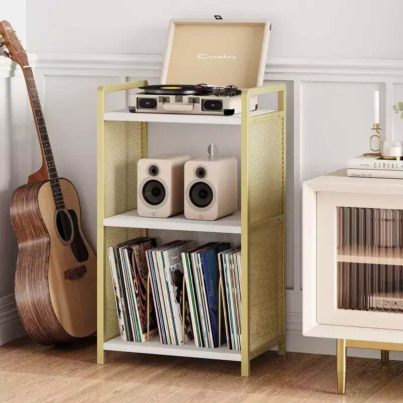 TROPOW Record Player Stand with Storage, Wooden Turntable Stand with Mesh Gold Metal Side, 3-Tier Golden Record Player Side Table