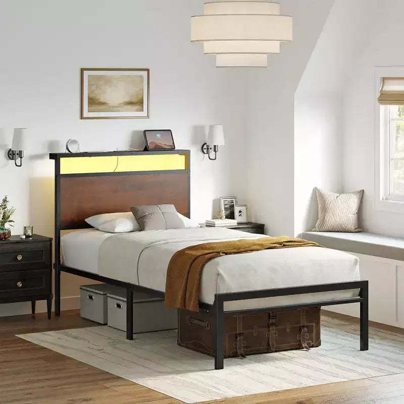 Hausource Industrial Bed Frame with Storage LED Headboard, Charging Station, No Box Spring Needed