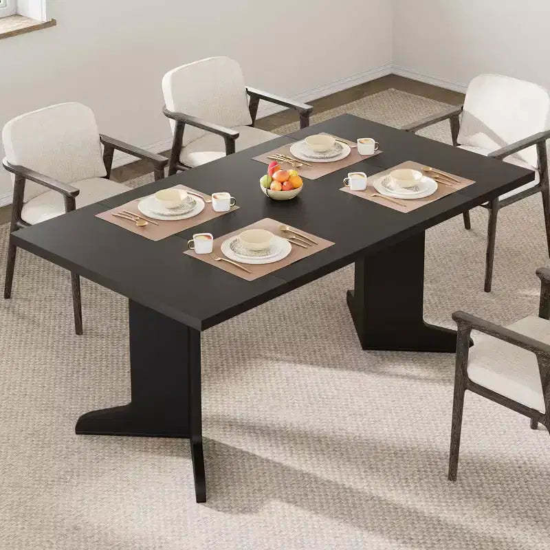Large Dining Table for 6, Farmhouse Kitchen Table with Padded Top and Unique V-Shaped Feet, Rectangular Wooden Dining Table