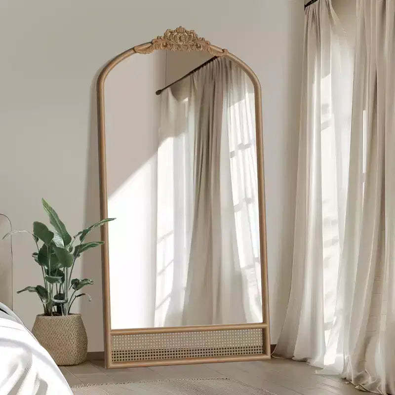 Solid Wood Carved Flower Vine Straight Angle Micro Block Brown Full-length Mirror 180x93x4cm (Without Bracket)