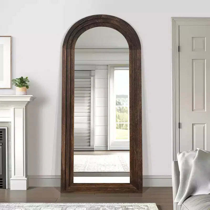 PexFix 31 in. W x 71 in. H Classic Arched Solid Wood Framed Mirror in Brown
