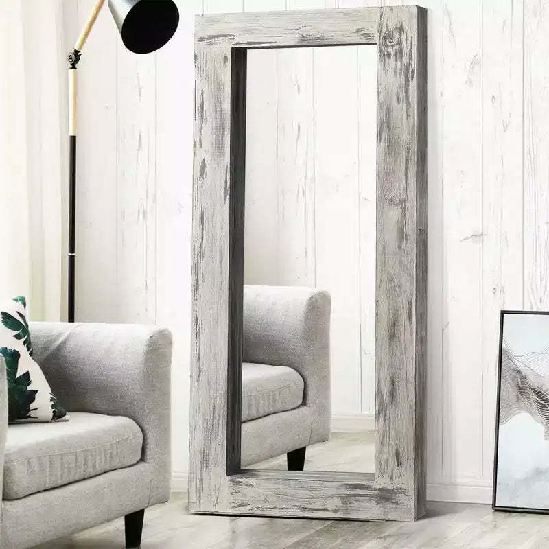 PexFix 31 in. W x 71 in. H Farmhouse Rectangular Solid Wood Framed Full Length Leaning Mirror in Weathered White