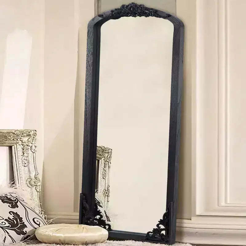 PexFix 28 in. W x 67 in. H Rustic Arched Solid Wood Framed DIY Carved Full Length Mirror in Black