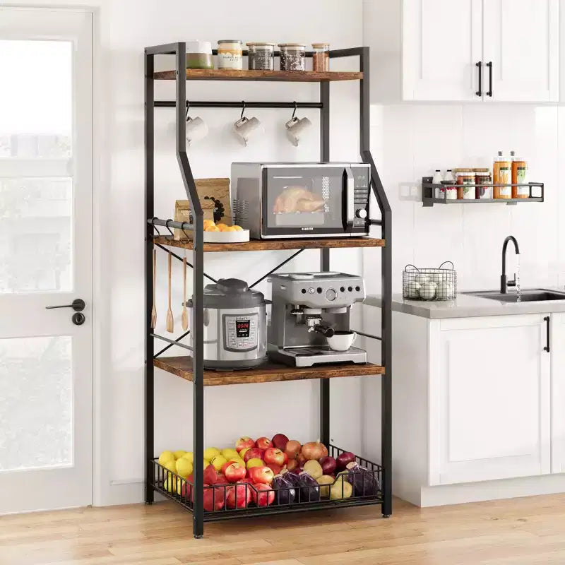 Kitchen Bakers Rack, Microwave Oven Stand with Large Wire Basket, Industrial Coffee Bar Station, 4-Tier Kitchen Utility Storage Shelf, Brown