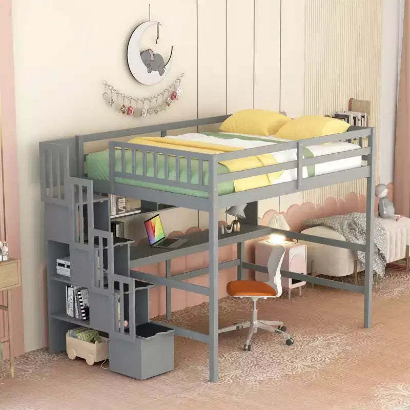 Whisen Full Loft Bed with Desk, Storage Shelves & Staircase