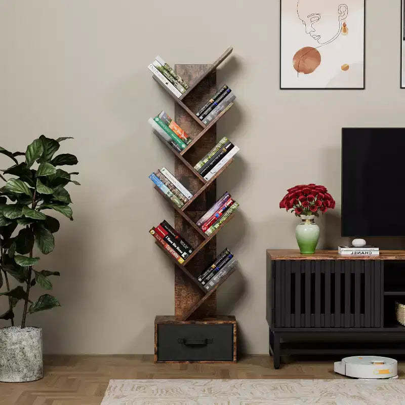 MAYEERTY 9 Tier Tree Bookshelf with Drawer Bookshelf Modern Book Storage Free Standing Tree Bookshelf Rustic Brown for Living Room Bedroom