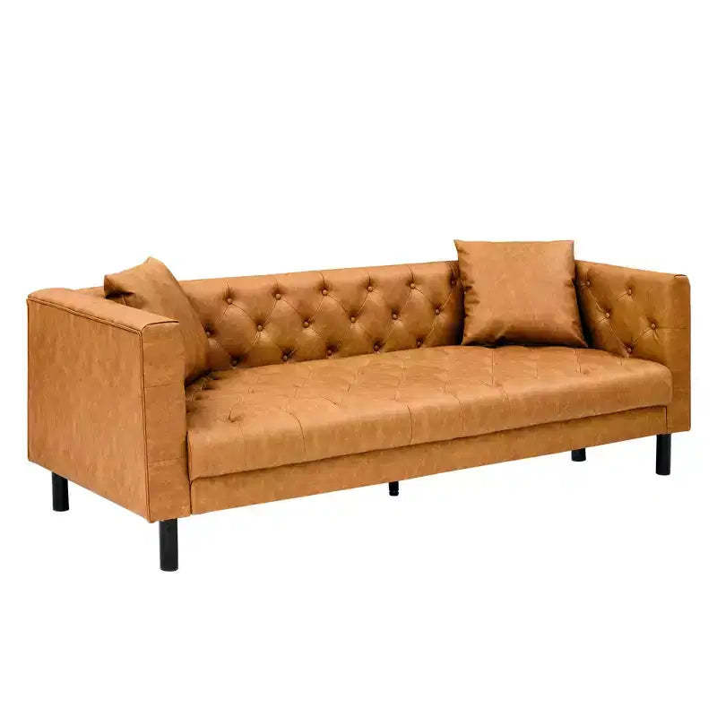 81 Mid-Century Modern Leather Sofa, Button-Tufted 3 Seater Sofa, with Deep Seats and 2 Pillows, for Living Room