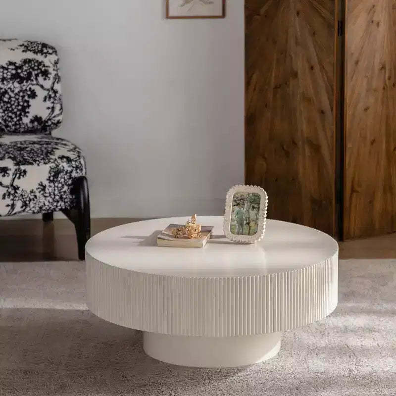 Maxax White Modern Round Coffee Table, 34.25 Wooden Drum Center Table.Contemporary Accent Coffee Table for Living Room, Apartment, Office