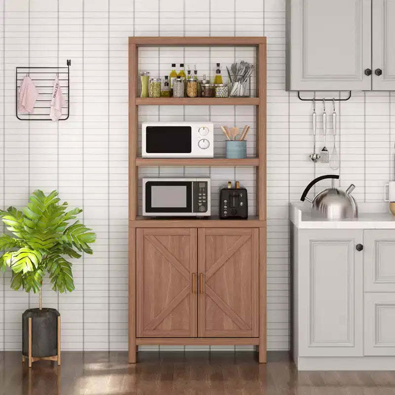 71 Tall 5 Tier Book Shelf, Boho Bookcase with Doors & Adjustable Storage Shelf, Large Display Shelf, Wooden Bookcase for Living Room Bedroom Kitchen