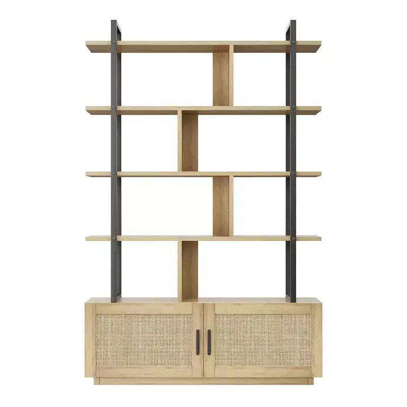 1 Set Particle Board and Metal Layered Rattan Woven Bookshelf with Storage Shelf