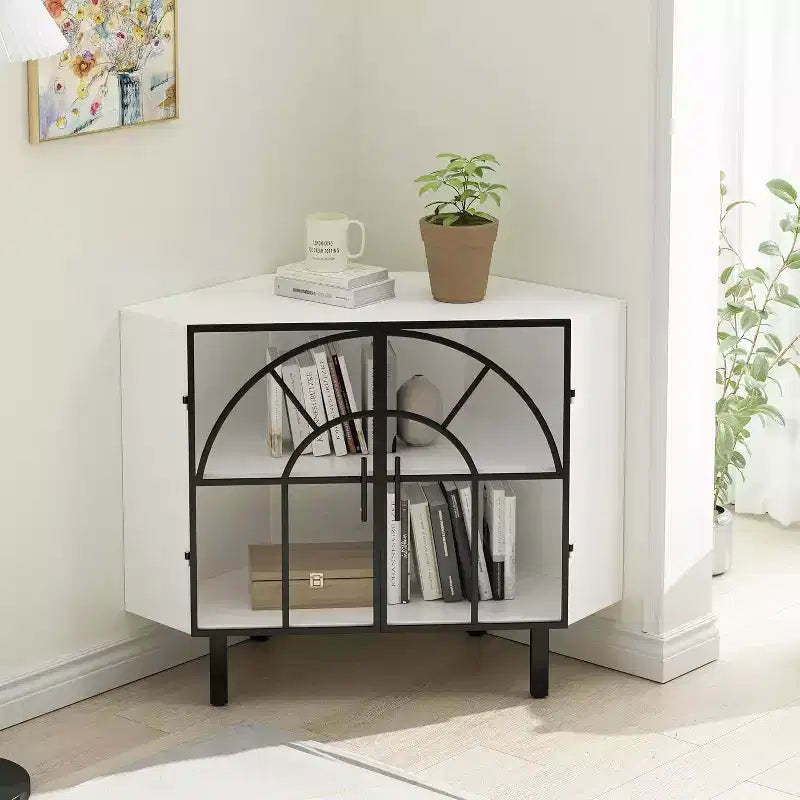 Acekool Corner Cabinet, 2-Door Sideboard with Metal Frame and 2-Tier Shelves, Storage Organizer for Living Room, Kitchen, Bedroom, Bathroom, White