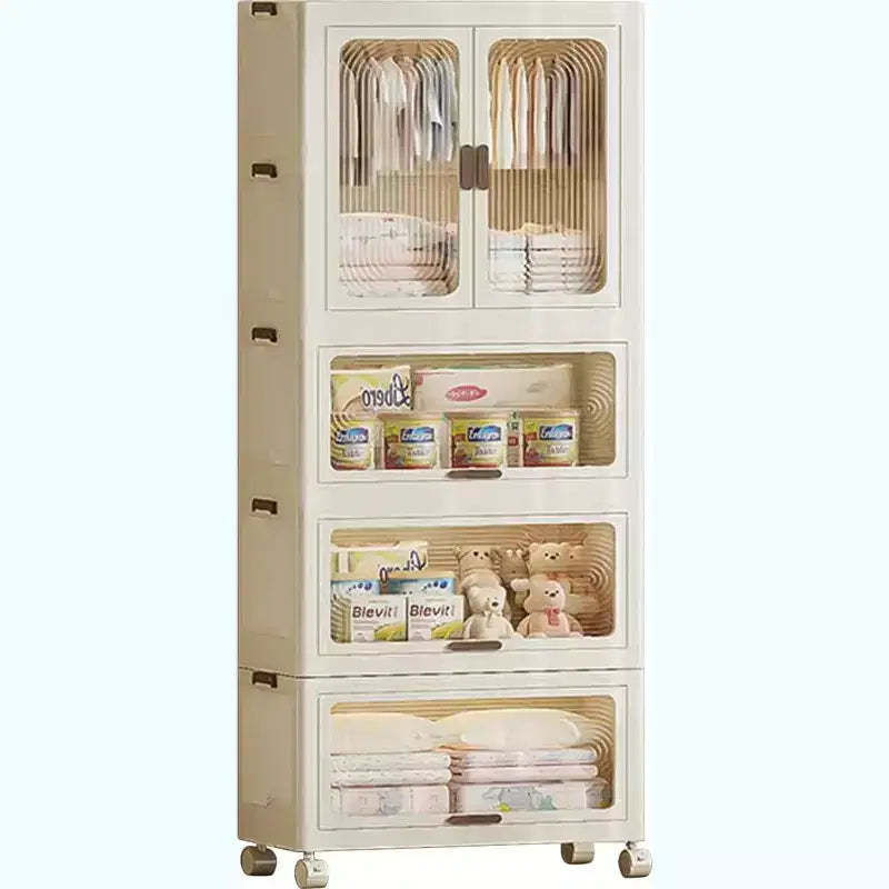 Acekool Kids Wardrobe Closet with Doors & Wheels, 4-Tier Portable Storage Cabinet with Hanging Rod & Hangers, Organizer for Nursery or Bedroom