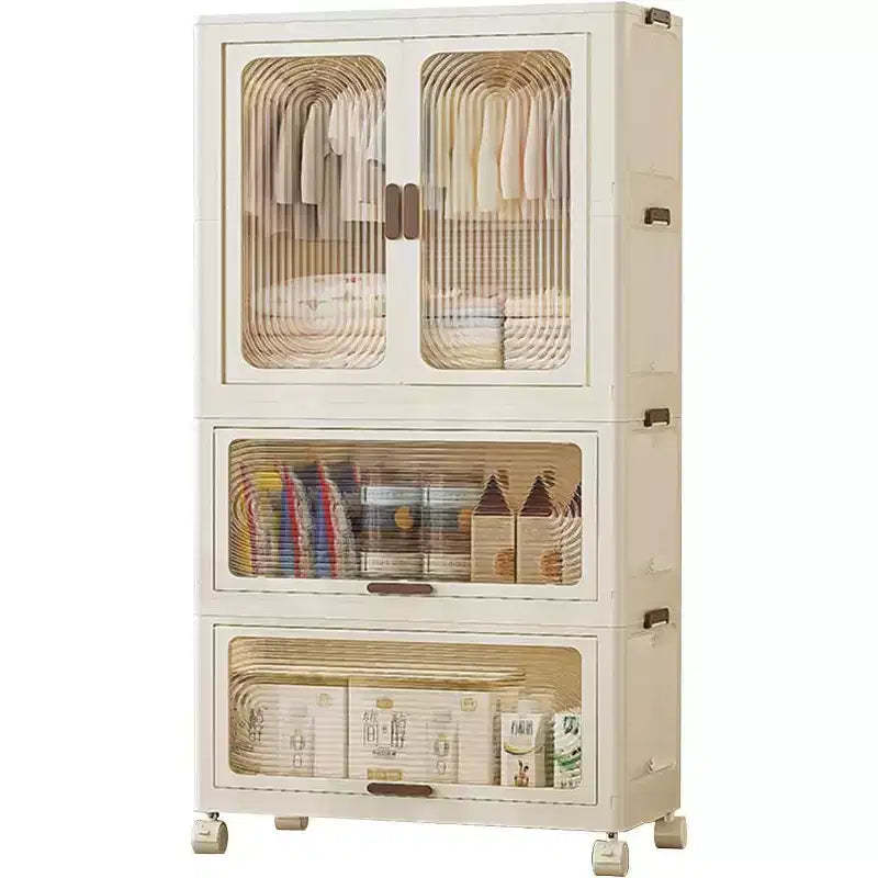 Acekool Kids Wardrobe Closet with Doors & Wheels, 3-Tier Portable Storage Cabinet with Hanging Rod, Organizer for Nursery or Bedroom