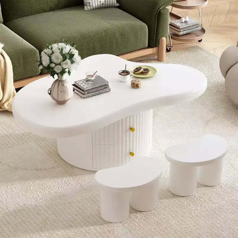 Okak Set of 3 Modern Cloud Coffee Tables, Irregular Shape Center Table with 2 Drawers & 2 Small Stools, Coordinated Living Room Duo