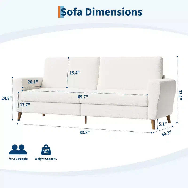 84 Sofa Couch, Large Loveseat Sofa with Streamlined Armrests & Wood Feet, Modern Boucle Sofa, White