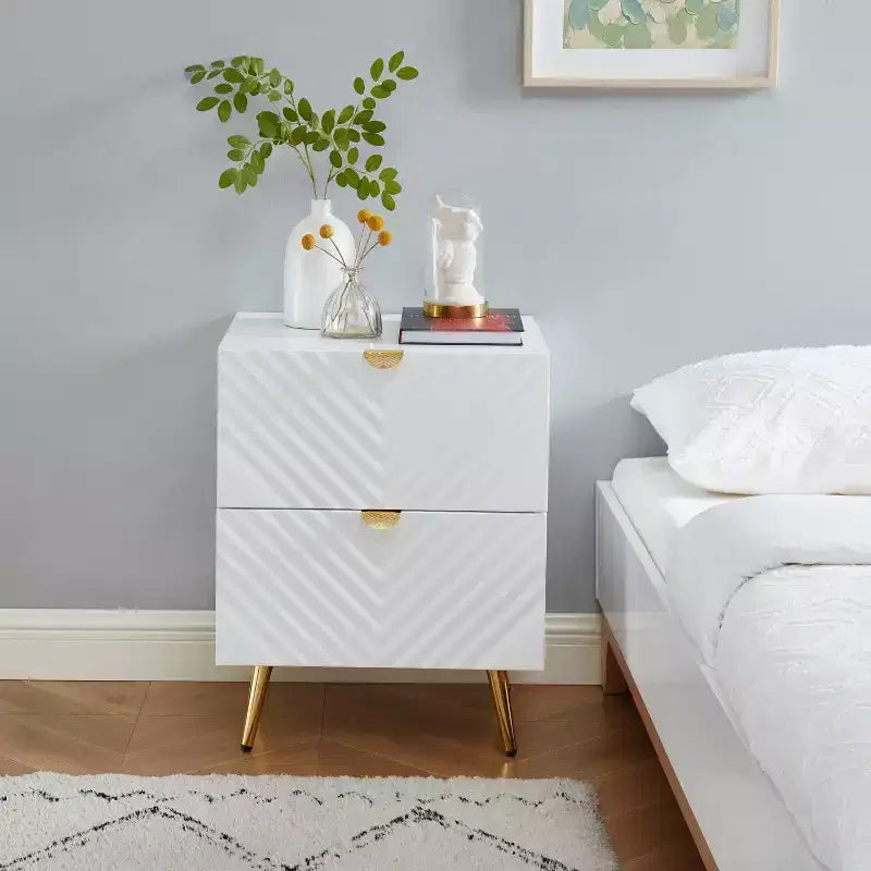 Probe Hues High Gloss Nightstand with 2 Drawer and Wave-pattern Detailing