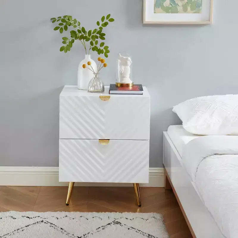 Probe Hues High Gloss Nightstand with 2 Drawer and Wave-pattern Detailing