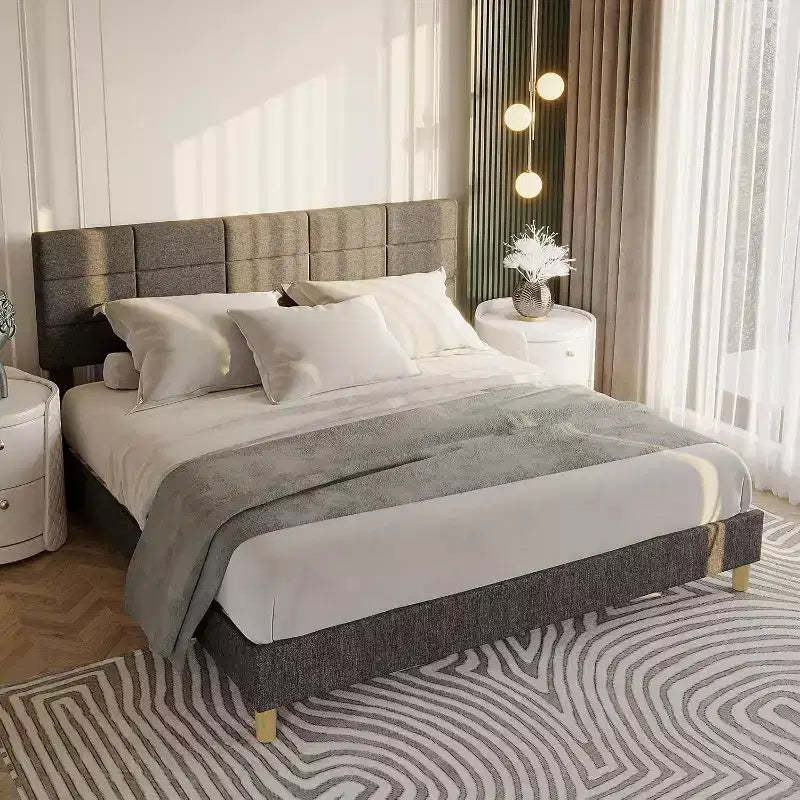 Queen Size Wood Bed Frame, Upholstered Platform Bed with Adjustable Headboard, Sturdy Wooden Slats, No Box Spring Needed, Grey