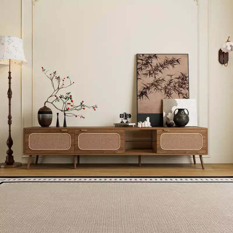 ModernLuxe TV Stand for up to 85 TV, Entertainment Center with Open Shelves & Rattan Doors, Console Table, Walnut