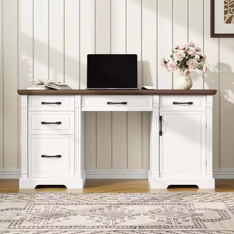 Famapy White and Brown Wooden Writing Desk Office Desk Computer Desk with Drawers - Home Office Workstation